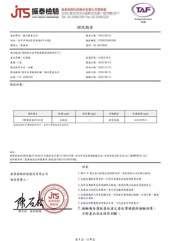 紅蔥頭 農藥殘留410項檢驗 20230925 振泰檢驗報告